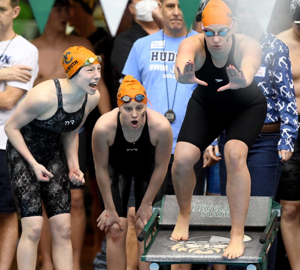 Hoover girls compete in the 200-yard medley relay in the Division I district meet at Cleveland State, Saturday, Feb. 17, 2024.