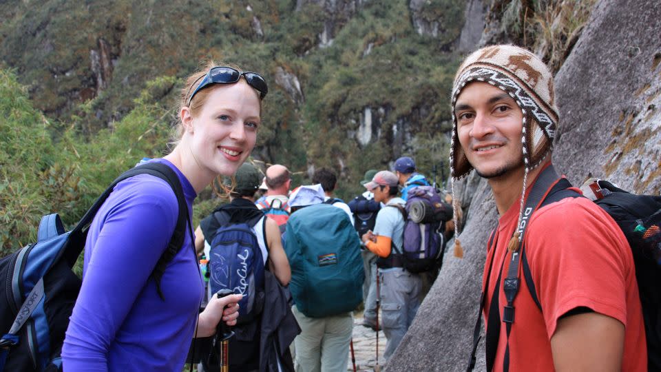 Adrian and Laura, pictured here on the Inca Trail, started talking on the first day of the trek. - Adrian and Laura