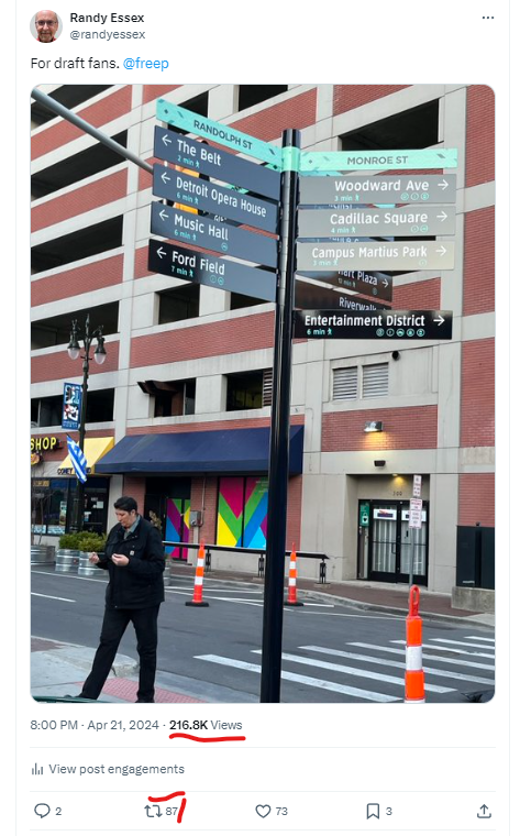 A street sign at Randolph and Monroe streets points pedestrians towards different Detroit must-sees.