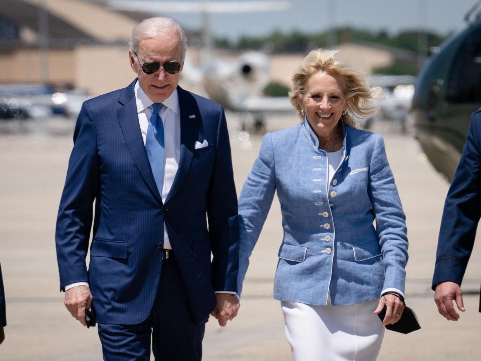 Joe Biden and Jill Biden wear matching blue outfits