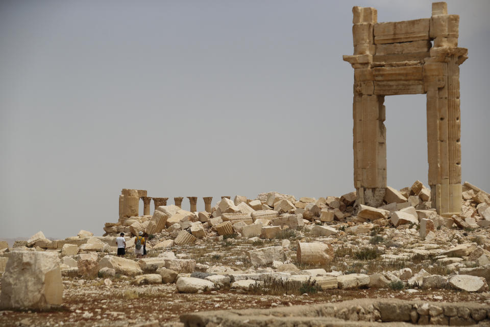 Tourists visit Roman ruins in Palmyra, Syria, Tuesday, May 11, 2023. Palmyra was captured by the Islamic Stae militants in 2015, who blew up some of the most iconic strictures. (AP Photo/Omar Sanadiki)