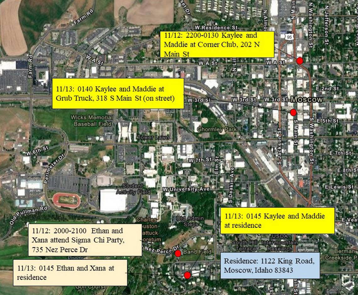 A map and timeline provided by the Moscow Police Department shows the locations and whereabouts of the four University of Idaho students that were stabbed to death on Saturday evening until early Sunday.