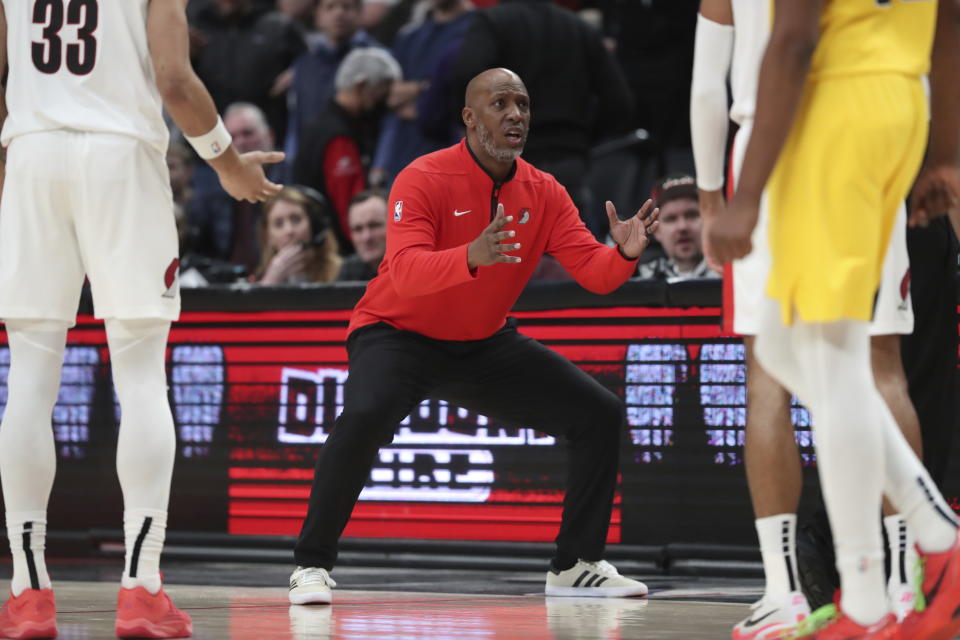 Portland Trail Blazers coach Chauncey Billups reacts to a call during the second half of the team's NBA basketball game against the Indiana Pacers on Friday, Jan. 19, 2024, in Portland, Ore. The Trail Blazers won 118-115. (AP Photo/Amanda Loman)