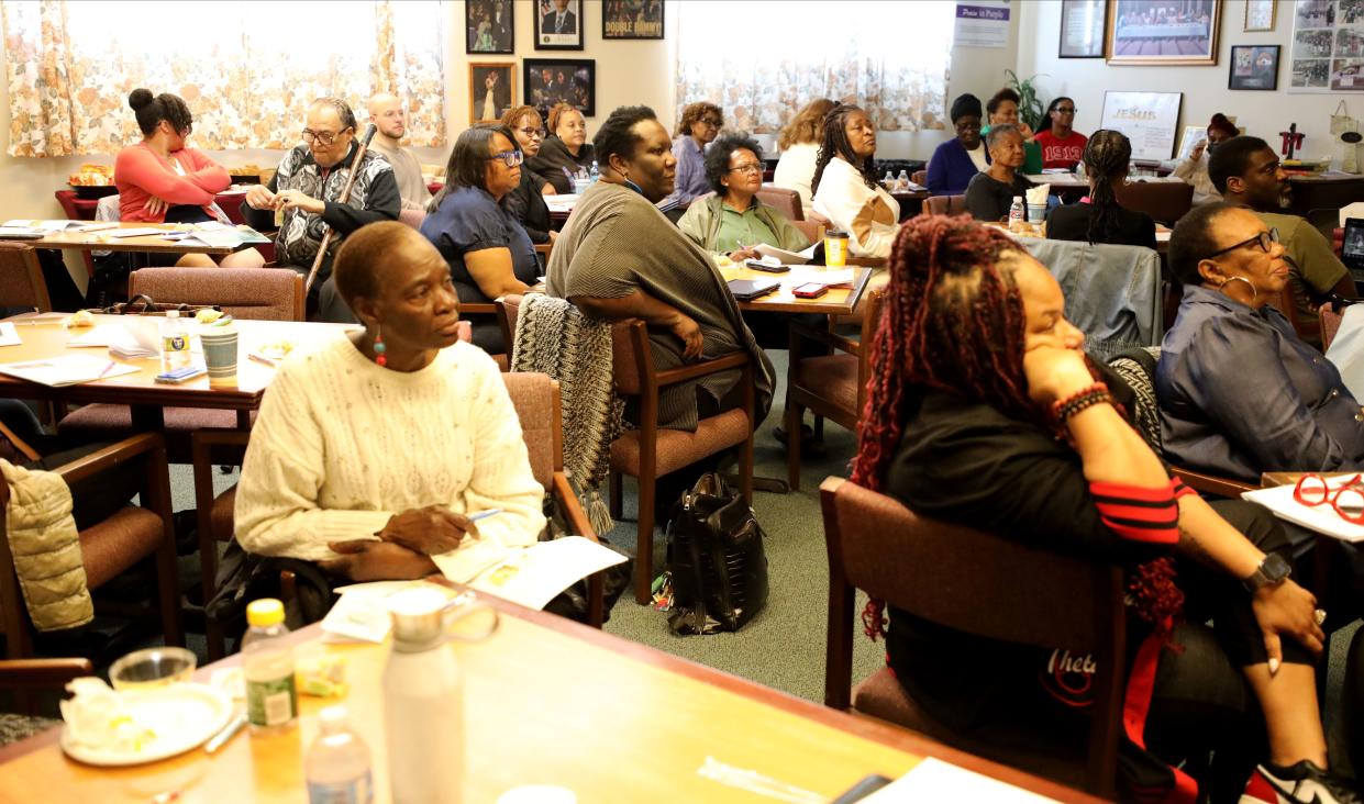 Participants listen as Rev. Erwin Trollinger, pastor of the Calvary Baptist Church in White Plains, presents a workshop May 4, 2024, called Soul Shop, which trains leaders of faith communities to address issues related to mental health and suicide.