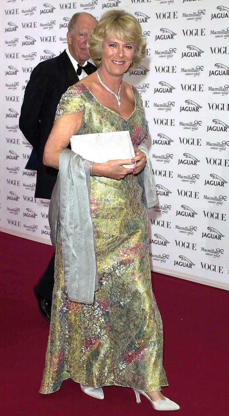 <p>For a cancer benefit hosted by hosted by Vogue and Jaguar, Camilla wore a metallic green floral gown with hints of pink and a serpentine diamond necklace. </p>