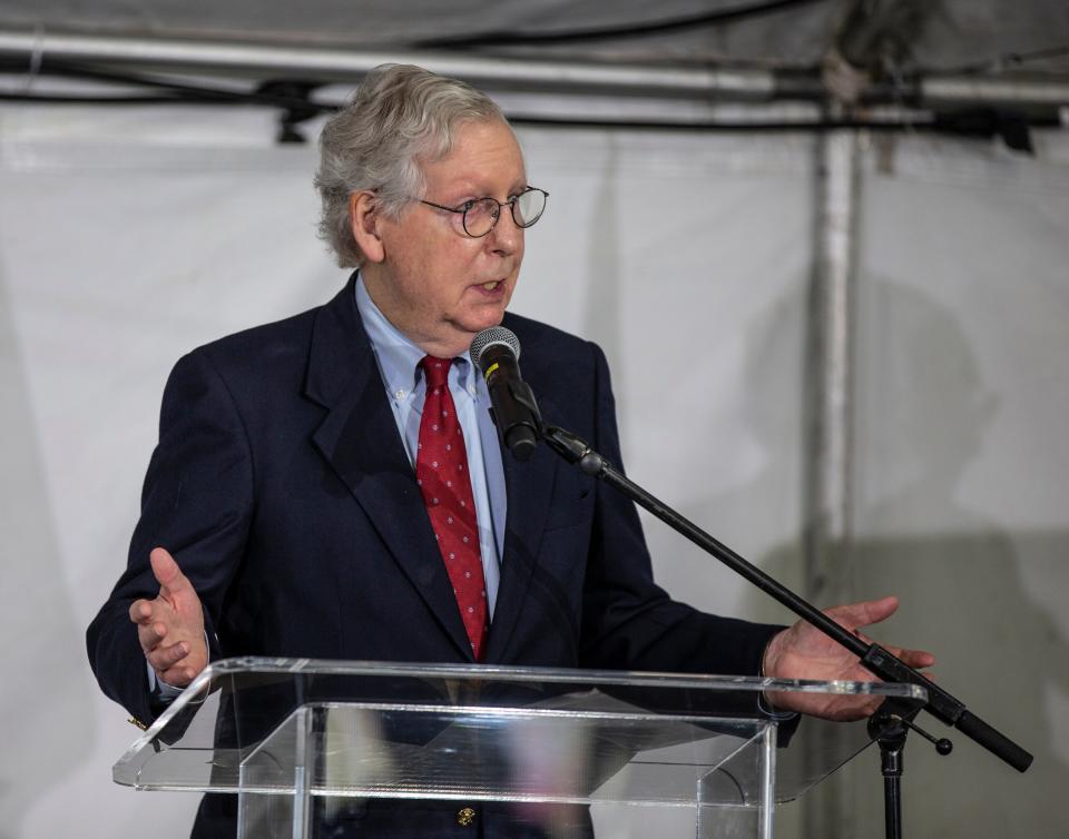 Sen. Mitch McConnell, R-Ky., spoke at the groundbreaking for the new VA Medical Center on Brownsboro Road in Louisville. Nov. 11, 2021