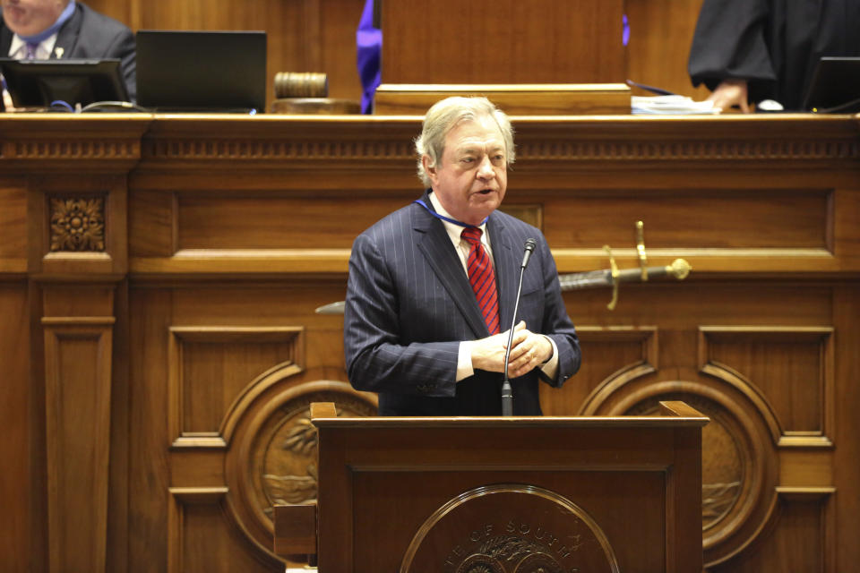 South Carolina Sen. Dick Harpootlian, D-Columbia, speaks in favor of a bill that would add the firing squad to the electric chair and lethal injection as execution methods in the state on Tuesday, March 2, 2021, in Columbia, S.C. The state hasn't had the chemicals to do lethal injection for years. (AP Photo/Jeffrey Collins)