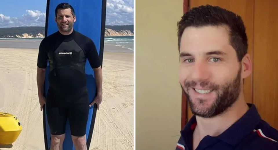 Bondi attacker Joel Cauchi stands wearing a wetsuit with a surf board behind him (left) and smiling at the camera (right). 