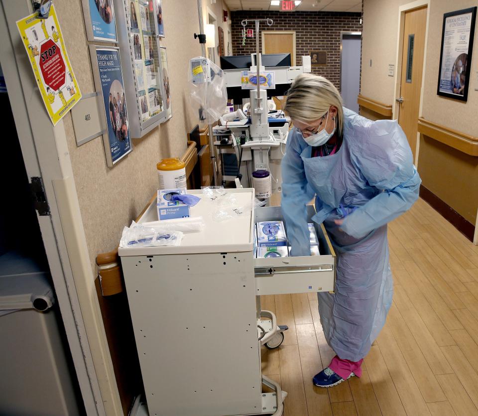 A travel nurse from Florida is shown working at CentraState in Freehold in April, 2022.