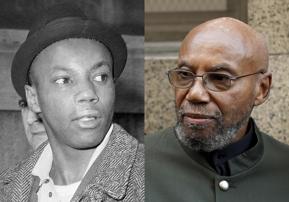 FILE - This combination photo shows Muhammad Aziz, a suspect in the slaying of Malcolm X, after his arrest, in New York, on Feb. 26, 1965, left, and Aziz outside court after his conviction in the killing of Malcolm X was vacated on Nov. 18, 2021, in New York. The city of New York is settling lawsuits filed on behalf of Aziz and Khalil Islam, who were exonerated in 2021 for the 1965 assassination of Malcolm X, agreeing to pay $26 million for the wrongful convictions which led to both men spending decades behind bars, according to an attorney representing the two men, Sunday, Oct. 30, 2022. (AP Photo/File)