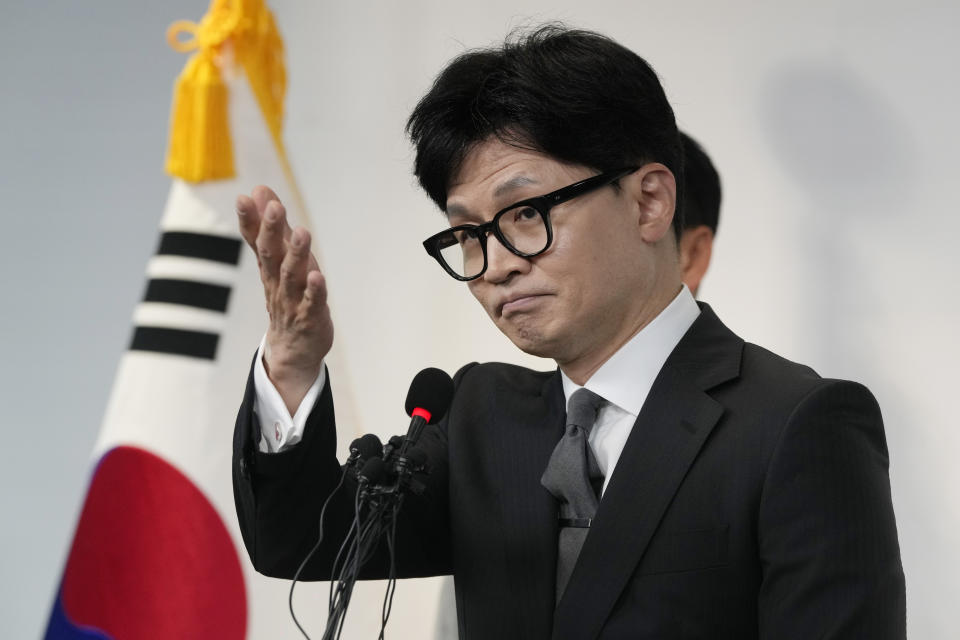 South Korea's ruling People Power Party's leader Han Dong-hoon gestures during his press conference at the party's headquarter in Seoul, South Korea, Thursday, April 11, 2024. (AP Photo/Ahn Young-joon)