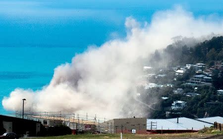 Dust and debris rise above houses after a cliff collapsed due to an earthquake on the Whitewash Head area, located above Scarborough Beach in the suburb of Sumner, Christchurch, New Zealand, February 14, 2016. REUTERS/Richard Loffhagen/Handout via Reuters