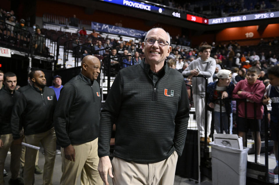 Miami head coach Jim Larrañaga arrives for an NCAA college basketball game against Providence, Saturday, Nov. 19, 2022, in Uncasville, Conn. (AP Photo/Jessica Hill)