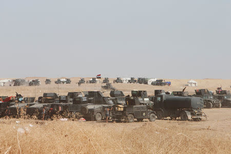 Military vehicles for the Iraqi security forces are seen on the east of Mosul during preparations to attack Mosul, Iraq, October 15, 2016. REUTERS/Azad Lashkari