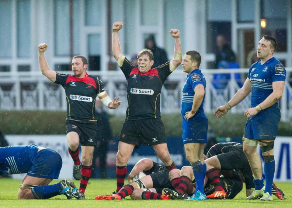 South Wales Argus: Richie Rees (left) and T Rhys Thomas celebrate the Dragons' shock win in Leinster in 2015