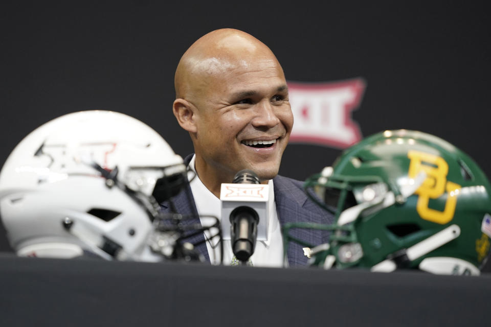 FILE - Baylor head coach Dave Aranda smiles while speaking at the NCAA college football Big 12 Media Days in Arlington, Texas, Wednesday, July 13, 2022. Baylor is set to kick off its season on Sept. 3, 2022, against Albany. (AP Photo/LM Otero, File)