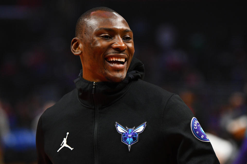 LOS ANGELES, CA - JANUARY 08: Charlotte Hornets Center Bismack Biyombo (8) looks on during a NBA game between the Charlotte Hornets and the Los Angeles Clippers on January 8, 2019 at STAPLES Center in Los Angeles, CA. (Photo by Brian Rothmuller/Icon Sportswire via Getty Images)