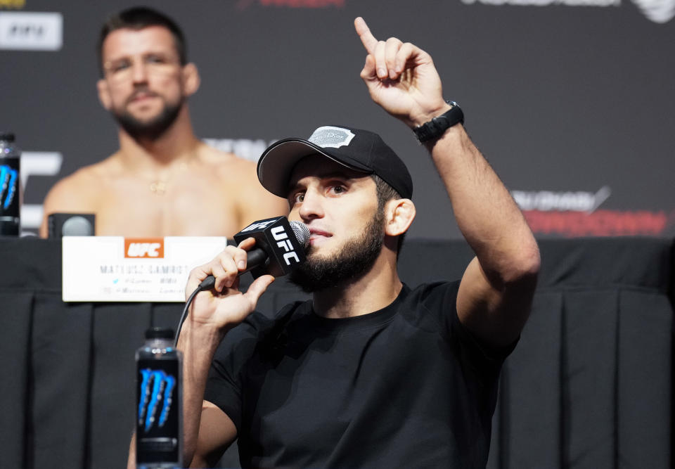 ABU DHABI, UNITED ARAB EMIRATES - OCTOBER 20: Islam Makhachev of Russia is seen on stage during the UFC 280 press conference at Etihad Arena on October 20, 2022 in Abu Dhabi, United Arab Emirates. (Photo by Chris Unger/Zuffa LLC)