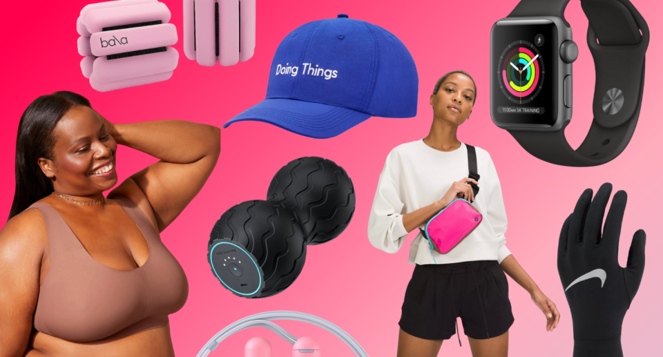 plus size sports bra, bala bangles, doing things hat, pink workout crossbody bag, apple watch, nike running gloves