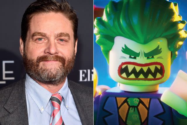 Alberto E. Rodriguez/Getty Images; Warner Bros Zach Galifianakis on the red carpet; Zach Galifianakis voicing the Joker in 'The LEGO Batman Movie,' 2017'