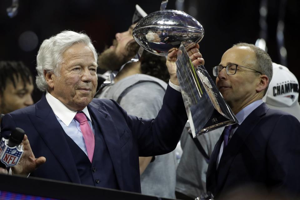 New England Patriots owner Robert Kraft holds the Vince Lombardi trophy, after the NFL Super Bowl 53 football game against the Los Angeles Rams, Sunday, Feb. 3, 2019, in Atlanta. The Patriots won 13-3. (AP Photo/Matt Rourke)