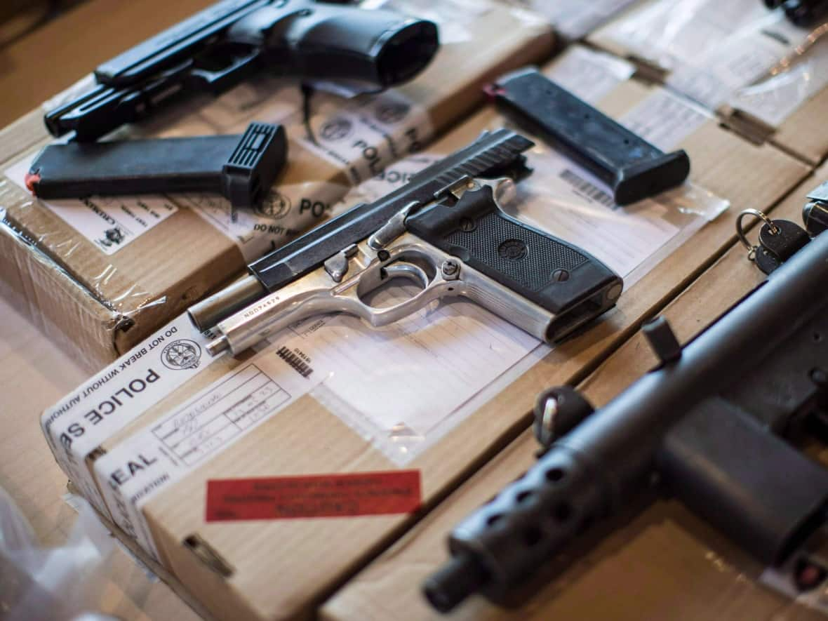 Toronto police display guns seized during a series of raids. The Liberal government has introduced Bill C-71, which proposes tough new restrictions on hand guns and a mandatory government buy-back program for assault-style weapons.  (Chris Young/The Canadian Press - image credit)