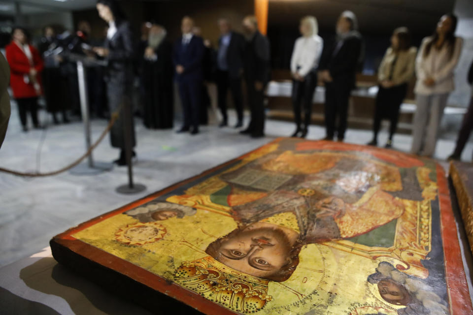 An icon returned from Albania is pictured during a presentation at the National museum in Skopje, North Macedonia, late Friday, Dec. 15, 2023. Albania on Friday returned 20 icons to neighboring North Macedonia that were stolen a decade ago. (AP Photo/Boris Grdanoski)
