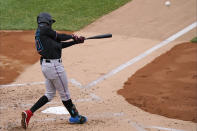 Miami Marlins Jazz Chisholm (70) hits a two-run double during the second inning of a baseball game against the New York Yankees, Sunday, Sept. 27, 2020, at Yankee Stadium in New York. (AP Photo/Kathy Willens)