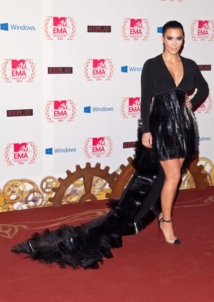<b>Worst dressed: Kim Kardashian<br></b><br>The US reality star turned fashion designer was keen to show off her gown at the EMA’s, tweeting beforehand: “I'm wearing the coolest Stephane Rolland dress for tonight's MTV Awards! Hope you guys like it!” Sadly for Kim, the dress looked more like a bin bag attached to her body, which is a shame as she usually has impeccable style.<br><b><br><a href="http://uk.lifestyle.yahoo.com/mtv-ema-awards-2012-red-carpet--rita-ora-and-taylor-swift-lead-best-dressed--but-who-gets-your-vote-.html" data-ylk="slk:Vote for your best dressed star at the MTV VMAs 2012;elm:context_link;itc:0;sec:content-canvas;outcm:mb_qualified_link;_E:mb_qualified_link;ct:story;" class="link  yahoo-link">Vote for your best dressed star at the MTV VMAs 2012</a></b>