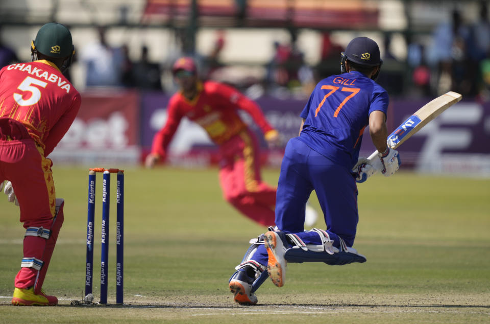 Indian batsman Shubman Gill in action on the last day of the One-Day International cricket match between Zimbabwe and India at Harare Sports Club in Harare, Zimbabwe, Monday, Aug, 22, 2022. (AP Photo/Tsvangirayi Mukwazhi)