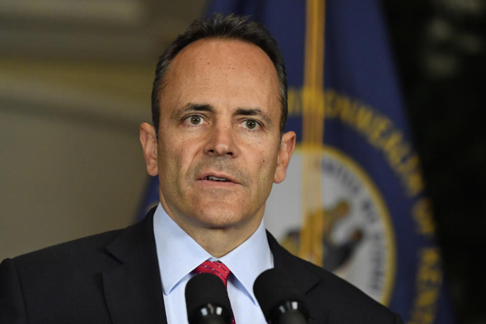 Kentucky Governor Matt Bevin announces his intent to call for a remcanvass of the voting results from Tuesday's gubernatorial elections during a press conference at the Governors' Mansion in Frankfort, Ky., Wednesday, Nov. 6, 2019. (AP Photo/Timothy D. Easley)