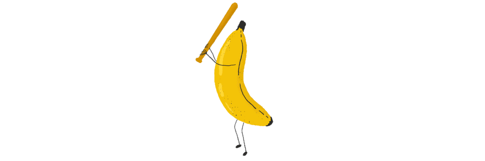 An animation of a cartoon banana swinging a baseball bat.