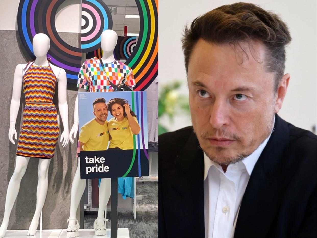 a Pride Month merchandise display at a Target store on May 31, 2023 in San Francisco, California; photo of Elon Musk