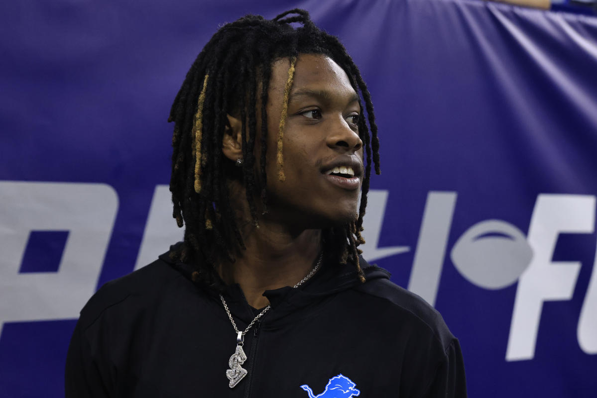Jameson Williams flashes Skully Gang necklace medallion at NFL Draft