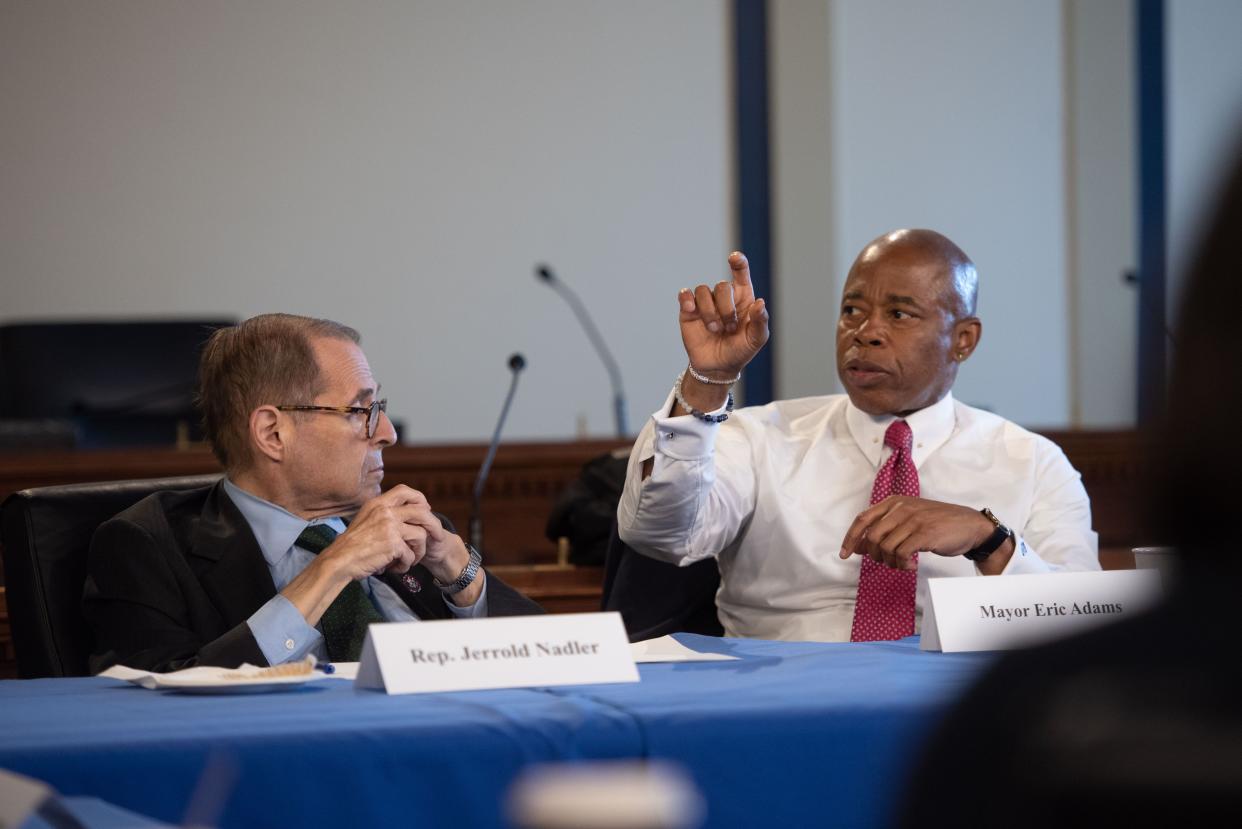 New York City Mayor Eric Adams (right) and Rep. Jerry Nadler, D-N.Y. (left) during a meeting with the New York Congressional delegation prior to Adams testifying before the U.S. House Oversight and Reform Committee on gun violence in Washington D.C. on Wednesday, June 8, 2022. 