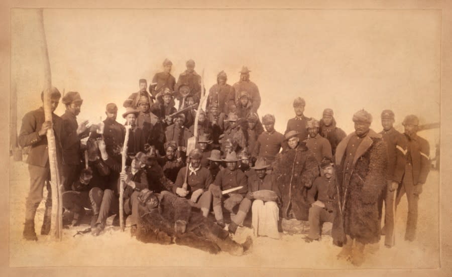 Buffalo Soldiers of the 25th Infantry, Some Wearing Buffalo Robes, Fort Keogh, Montana, USA, Christopher Barthelmess, William A Gladstone Collection of African American Photographs, 1890. (Photo by: Glasshouse Vintage/Universal History Archive/Universal Images Group via Getty Images)