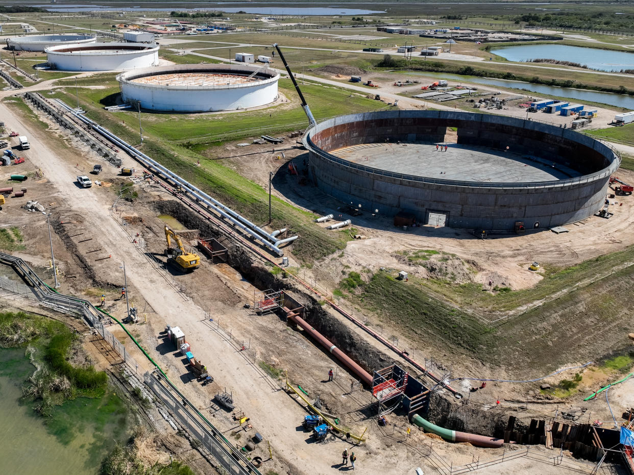 FREEPORT, TEXAS - OCTOBER 19: In an aerial view, the Strategic Petroleum Reserve storage at the Bryan Mound site is seen on October 19, 2022 in Freeport, Texas. US President Joe Biden is planning to release fifteen million barrels of oil from the nation's emergency reserves in an effort to continue curving gas prices around the country. The deal completes Biden's March initiative to release 180 million barrels from the Strategic Petroleum Reserve.  (Photo by Brandon Bell/Getty Images)