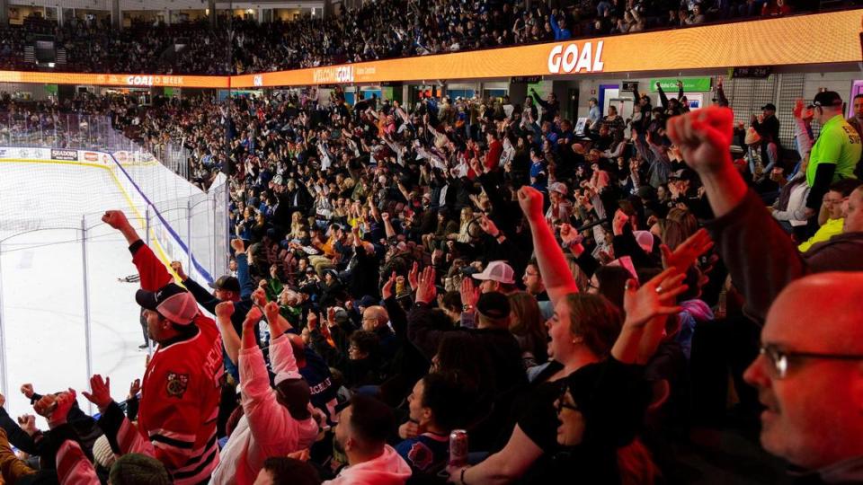 Steelheads fans rise to cheer as Idaho goes up 4-0 on the Kansas City Mavericks in the second period on Wednesday at Idaho Central Arena in downtown Boise.