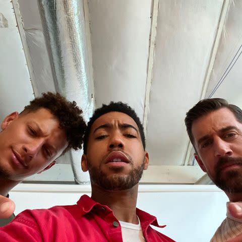 <p>Kevin Miles Instagram</p> Patrick Mahomes, Kevin Miles (Jake from State Farm) and Aaron Rodgers.