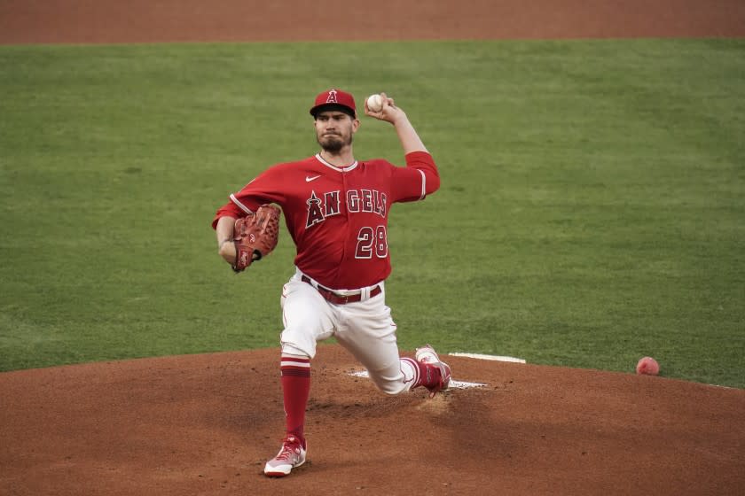 Los Angeles Angels starting pitcher Andrew Heaney throws against the Tampa Bay Rays.