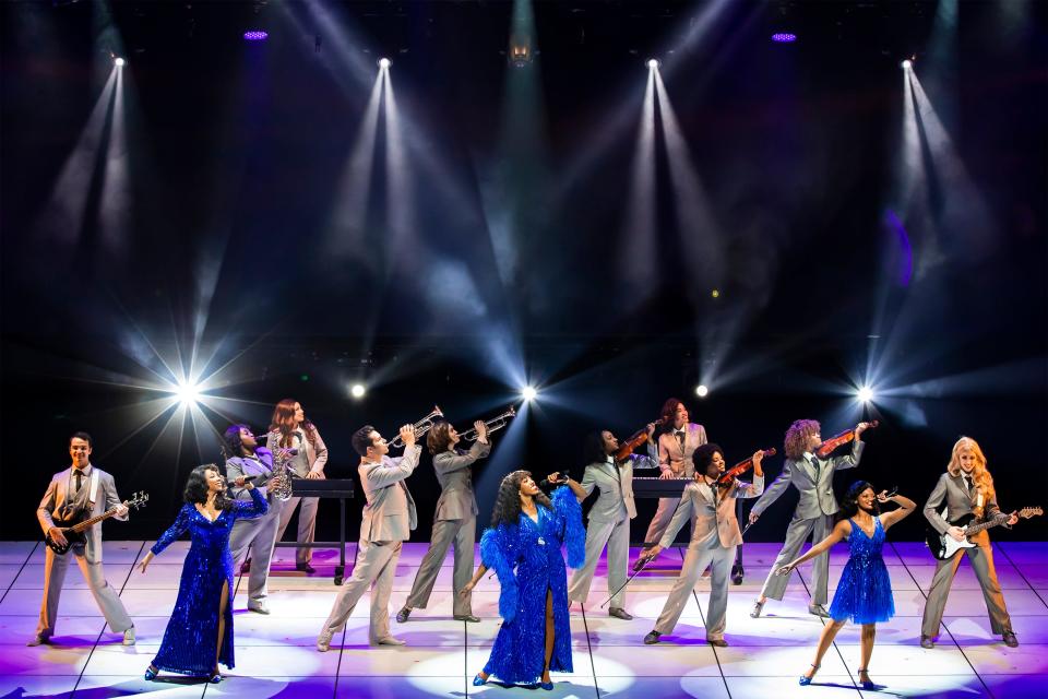 The three actresses who play Donna Summer, Charis Gullage, Brittny Smith, and Amahri Edwards-Jones, take the stage together for the closing song, “Last Dance,” in “Summer: The Donna Summer Musical”