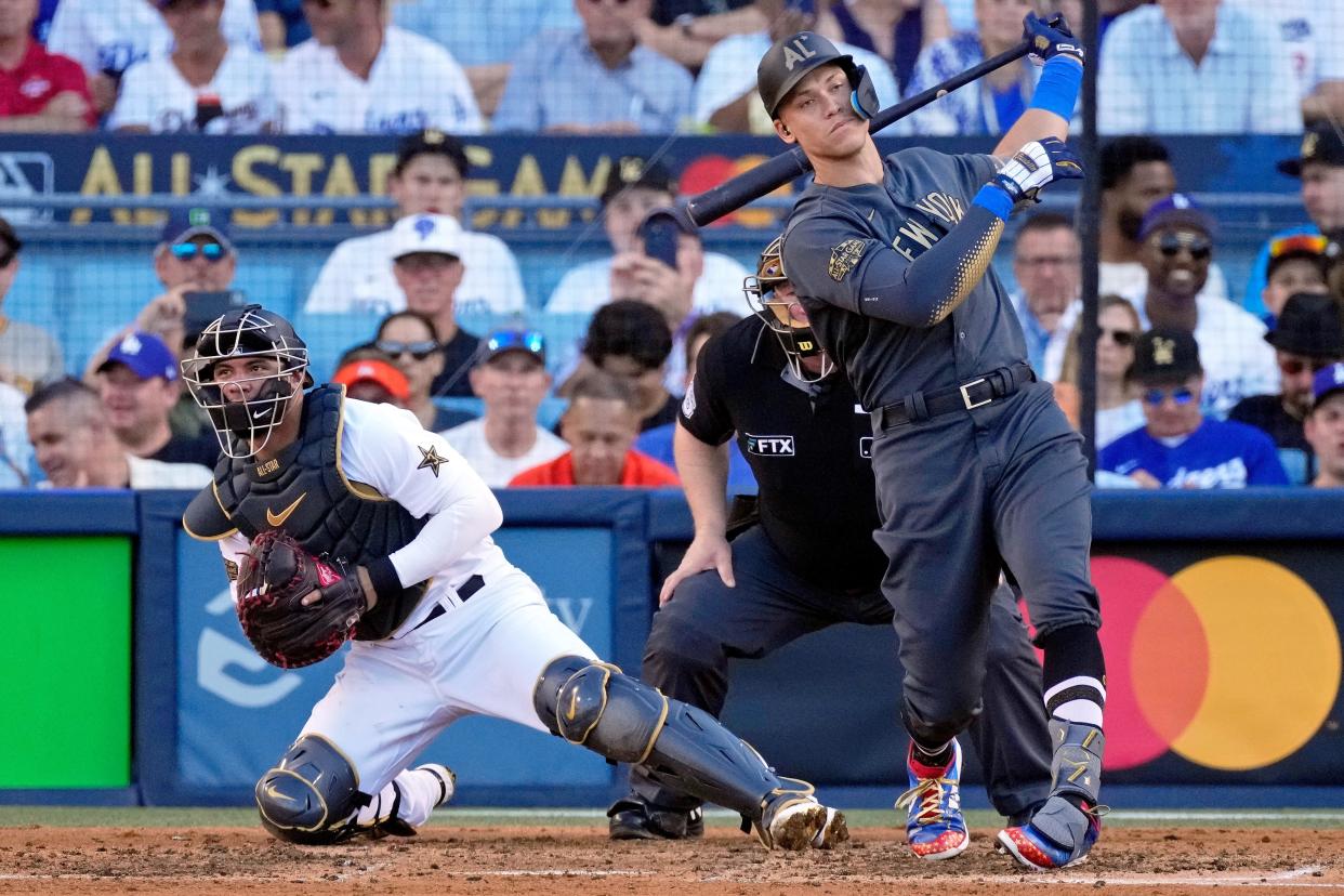 Jul 19, 2022; Los Angeles, California, USA; American League outfielder Aaron Judge (99) of the New York Yankees strikes out swinging against the National League during the third inning of the 2022 MLB All Star Game at Dodger Stadium. Mandatory Credit: Robert Hanashiro-USA TODAY Sports