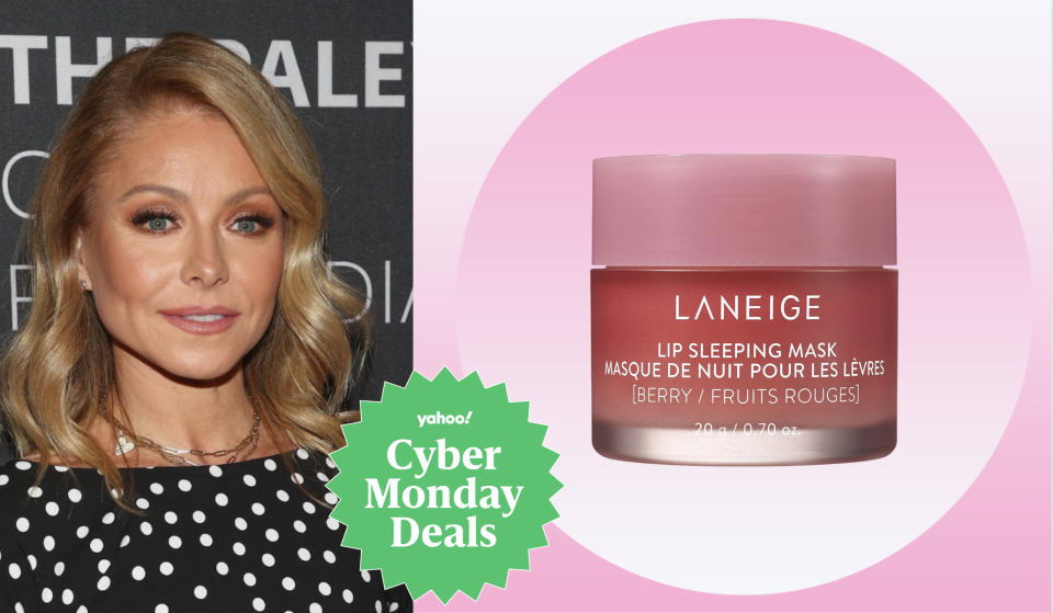 kelly ripa / the laneige lip sleeping mask with a badge that reads Yahoo! Cyber Monday Deals