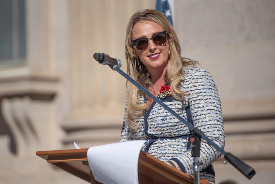 Pueblo Mayor Heather Graham delivers a speech after being sworn into office at Pueblo City Hall on Thursday, February 1, 2024.