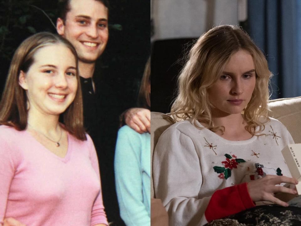 Caitlin Atwater with brother Clayton Peterson in an undated photo, left; Oliiva DeJonge as Caitlin on HBO's "The Staircase," right.