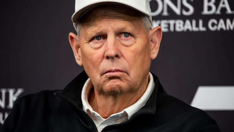 Utah Jazz CEO Danny Ainge listens during an end-of-season press conference at the Zions Bank Basketball Campus in Salt Lake City on Wednesday, April 12, 2023.