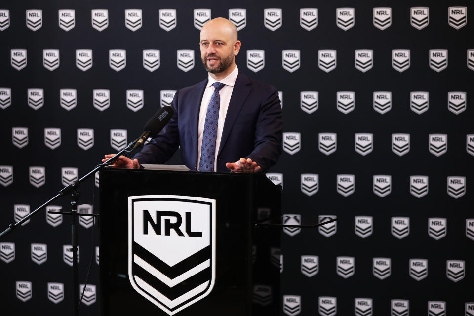 NRL CEO Todd Greenberg speaks to the media during a NRL Press Conference at Rugby League Central on March 16, 2020 in Sydney, Australia. The NRL provided an update on their season schedule as it is impacted by the COVID-19 Pandemic.