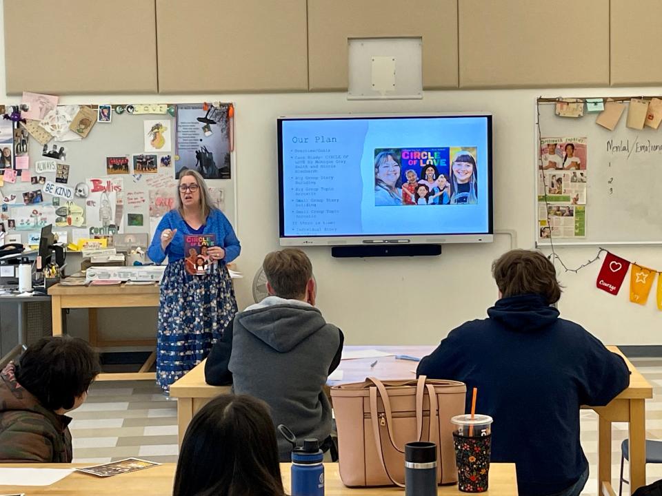 Author Cynthia Smith leads her workshop on storytelling at Sutton High.