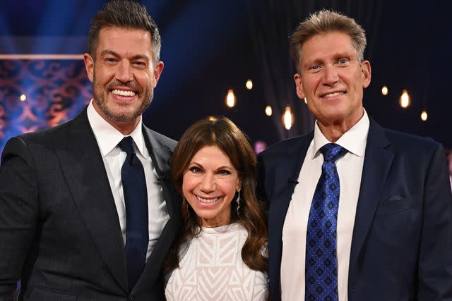 <p>Disney/John Fleenor</p> 'The Golden Bachelor' host Jesse Palmer with Theresa Nist and Gerry Turner