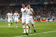 <p>Pepe celebrates Portugal’s equaliser with Jose Fonte, with over half an hour remaining in their Round of 16 World Cup clash with Uruguay </p>